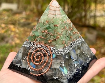 Green Aventurine Orgonite Pyramid: Copper Coil, Moonstone Energy Tool