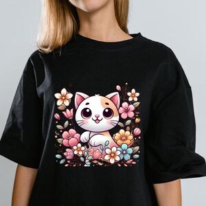 Schattige cartoonkat met bloemenkrans Digitale afbeelding PNG, schattige en grillige kunst PNG, cadeau-idee, schattige kat, poepie