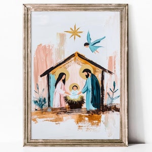 Impression d&#39;art de la crèche de Noël | Art mural chrétien vintage imprimable | Oeuvre d&#39;art étoile de Bethléem | Tableau Sainte Famille | Art mural de Noël | P3
