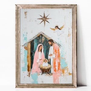 Impression d&#39;art de la crèche de Noël | Art mural chrétien vintage imprimable | Oeuvre d&#39;art étoile de Bethléem | Tableau Sainte Famille | Art mural de Noël | P4