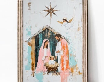 May include: A digital print of a nativity scene with a star, angel, and the holy family in a rustic barn setting. The painting is done in a modern style with a muted color palette of pink, blue, and brown.