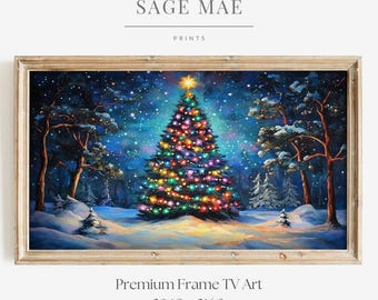 Christmas Evergreen Frame Tv Art, Vintage Winter Night, Christmas Screensaver, Farmhouse Christmas Tree Frame Tv Art, Landscape Paint | TV11