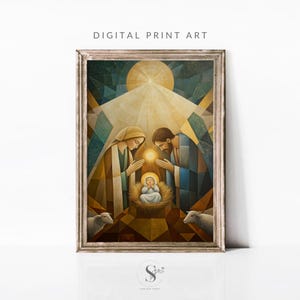 Puede incluir: Impresión digital enmarcada que representa la escena de la Natividad. La obra de arte presenta a María, José y el niño Jesús, con una luz radiante que emana del bebé. La paleta de colores incluye azules, dorados y marrones, con dos ovejas en primer plano.