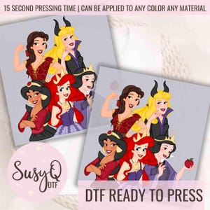 May include: A digital transfer design featuring five Disney princesses in their villainous alter egos. The princesses are Jasmine, Ariel, Snow White, Belle, and Maleficent. The design is ready to press onto fabric.
