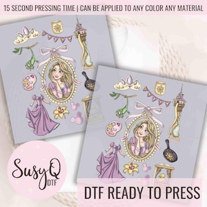 May include: A digital transfer design sheet featuring a variety of images from the Disney movie Tangled. The sheet includes a portrait of Rapunzel, a chameleon, a crown, a frying pan, a tower, a lantern, a flower, a paint palette, a dress, and a mouse. The text "15 SECOND PRESSING TIME | CAN BE APPLIED TO ANY COLOR ANY MATERIAL" is at the top of the sheet. The text "SusyQ DTF" is at the bottom left of the sheet. The text "DTF READY TO PRESS" is at the bottom right of the sheet.
