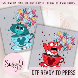 May include: Two digital designs featuring characters from the movie Inside Out. The first design shows a blue character with a teacup and balloons. The second design shows a red character with a teacup and balloons. Both designs have the text "DTF READY TO PRESS" and "SusyQ DTF".