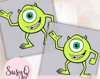 May include: Two DTF (Direct to Film) ready-to-press transfers featuring a cartoon character with one eye, green skin, and a toothy grin. The transfers are on a gray background, with the text "DTF READY TO PRESS" and "15 SECOND PRESSING TIME | CAN BE APPLIED TO ANY COLOR ANY MATERIAL".