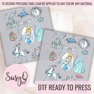 May include: A set of 10 Cinderella-themed iron-on transfers, ready to press. The transfers include images of Cinderella, her carriage, a mouse, a clock, a pumpkin, and more. The transfers are printed on a clear sheet and are ready to be applied to fabric using a heat press.