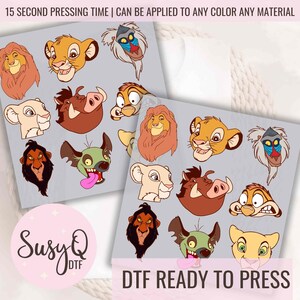 May include: A set of 16 iron-on transfers featuring characters from the movie The Lion King. The transfers are ready to be pressed onto fabric. The characters include Simba, Nala, Mufasa, Scar, Pumbaa, Timon, and more.  "15 Second Pressing Time | Can Be Applied To Any Color Any Material" is printed on the sheet.