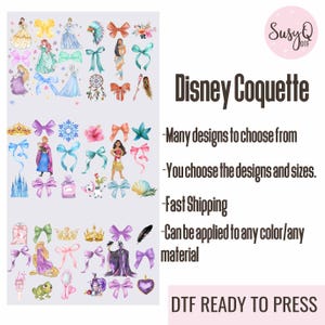 May include: A digital design sheet featuring various Disney princess characters, including Cinderella, Pocahontas, Moana, and Maleficent. The designs are perfect for creating custom iron-on transfers for clothing, accessories, and home decor. The sheet includes bows, crowns, and other decorative elements.