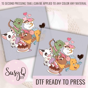 May include: A digital transfer design featuring a group of cartoon characters, including a teapot, a frog, a mouse, a pig, and a fish. The characters are surrounded by hearts and a cake. The design is ready to be pressed onto a t-shirt or other fabric.