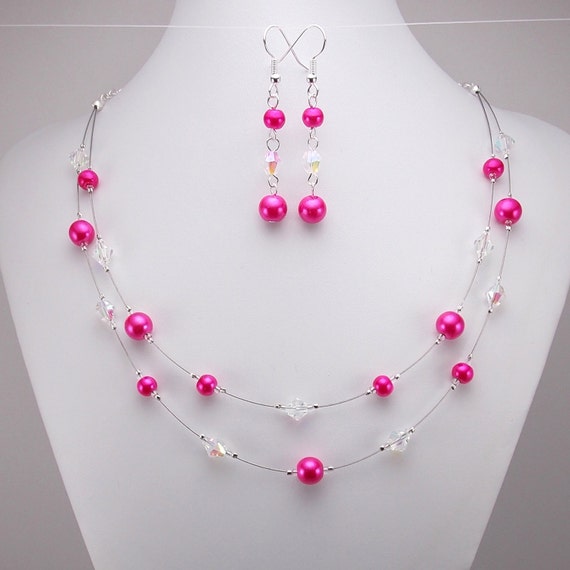 Items similar to Bright Pink Necklace and Earring Set Double Strand Glass Pearl Fuchsia on Etsy