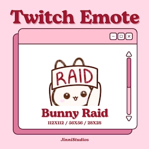 May include: A pink Twitch emote featuring a cartoon bunny holding a sign that says "RAID". The bunny has brown ears, a pink nose, and brown eyes. The emote is available in three sizes: 112x112, 56x56, and 28x28.