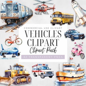 公共交通機関の車両のクリップアート、デジタルダウンロード、商用利用、透明PNG、飛行機、パトカー、スクールバス、トラクター、ゴミ収集車