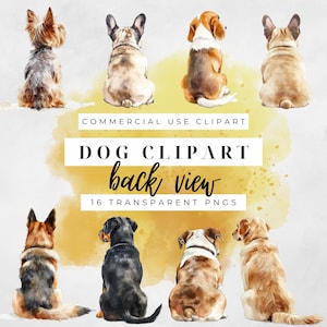 Hund Clipart von hinten, Aquarell Hunderasse Clipart, hinten sitzende Hunde, Hundeliebhaber Geschenk druckbare Aufkleber, transparente PNGs, kommerzielle Nutzung