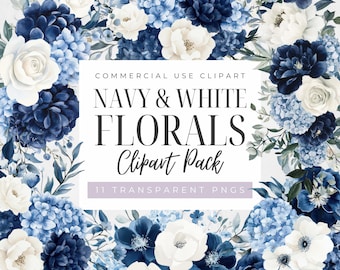 Navy Blue Floral Clipart: Watercolor Flower PNGs, Wedding Invitation (Digital Download, Commercial Use