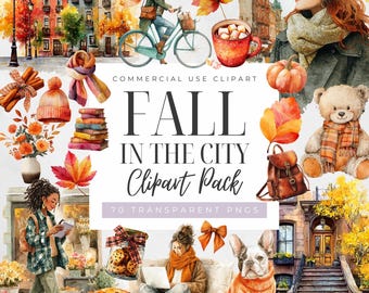 May include: Watercolor clipart pack with a fall theme. Includes illustrations of city scenes, people, autumn leaves, pumpkins, a teddy bear, and the text "FALL IN THE CITY Clipart Pack". 70 transparent PNGs.