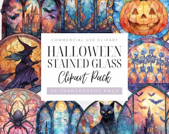 Halloween Stained Glass Clipart: Spooky PNG Graphics (Commercial Use