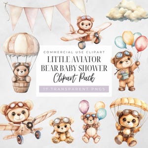Little Aviator Clipart, Pilot Teddy Bear Flying Airplane, Watercolor Neutral Baby Shower, Digital Download, Transparent PNG, Commercial Use