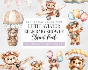 Little Aviator Clipart, Pilot Teddy Bear Flying Airplane, Watercolor Neutral Baby Shower, Hot Air Balloon, Transparent PNG, Commercial Use