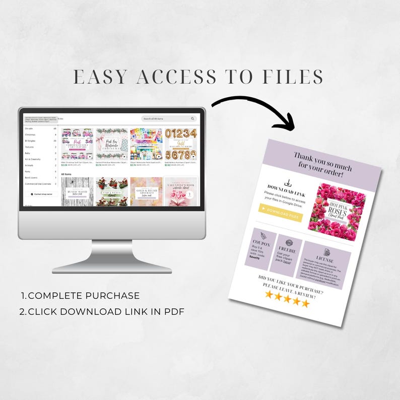 May include: A computer monitor displays an Etsy shop with various digital product listings. A PDF document with the text "Thank you so much for your order!" and "Hot Pink Roses" is shown. The text "Easy Access to Files" is at the top.