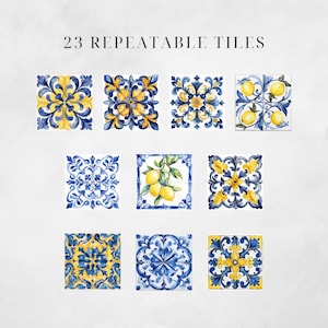 Op de afbeelding: Een verzameling van negen vierkante tegels met herhalende patronen in blauw en geel. Sommige tegels hebben bloemmotieven, andere tonen citroenen. De tekst "23 REPEATABLE TILES" staat bovenaan.