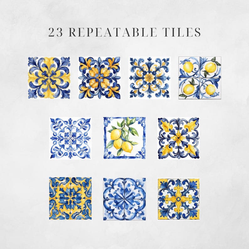 Op de afbeelding: Een verzameling van negen vierkante tegels met herhalende patronen in blauw en geel. Sommige tegels hebben bloemmotieven, andere tonen citroenen. De tekst "23 REPEATABLE TILES" staat bovenaan.