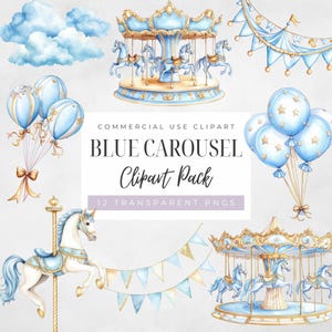 Clipart de acuarela de carrusel azul, baby shower, fiesta de cumpleaños, guardería, carnaval, descarga instantánea, PNG transparente digital, uso comercial