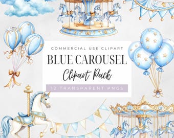 Blue Carousel Watercolor Clipart, Baby Shower, Birthday Party, Nursery, Carnival, Instant Download, Digital Transparent PNG, Commercial Use
