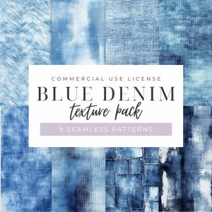 Pacchetto texture senza cuciture in denim blu, clipart acquerello, motivi ripetuti, carte digitali, sfondi in formato PNG, uso commerciale, download istantaneo