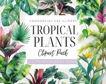 May include: Watercolor illustration of various tropical plants, including monstera, palm leaves, and other foliage. The image includes the text "TROPICAL PLANTS Clipart Pack" and "27 TRANSPARENT PNGS". The image is labeled "COMMERCIAL USE CLIPART".