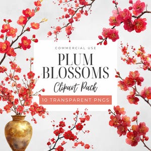 Puede incluir: Un paquete de imágenes prediseñadas digitales con flores de ciruelo en acuarela en tonos rojos y rosas. La imagen incluye ramas de flores y el texto "PLUM BLOSSOMS Clipart Pack" y "10 TRANSPARENT PNGS".