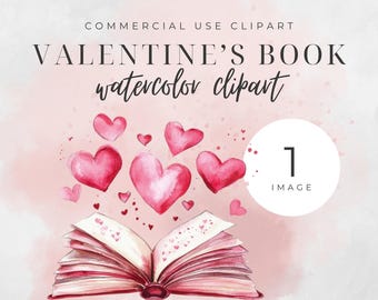 Clipart de San Valentín con tema de libros, Clipart de libros de acuarela, Clipart de corazones de acuarela, Png del día de San Valentín, Clipart de San Valentín con tema de libros