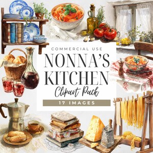 Nonnas kök akvarell Clipart, italienska familjehem PNGs, Moka Pot, hemlagad pasta, nostalgi Italien Clip Art, middag hos mormor