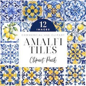 May include: A collection of 12 Amalfi tile images in a clipart pack. The tiles feature blue and yellow floral and lemon designs. The text "AMALFI TILES Clipart Pack" is displayed.