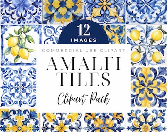 May include: A collection of 12 Amalfi tile images in a clipart pack. The tiles feature blue and yellow floral and lemon designs. The text "AMALFI TILES Clipart Pack" is displayed.