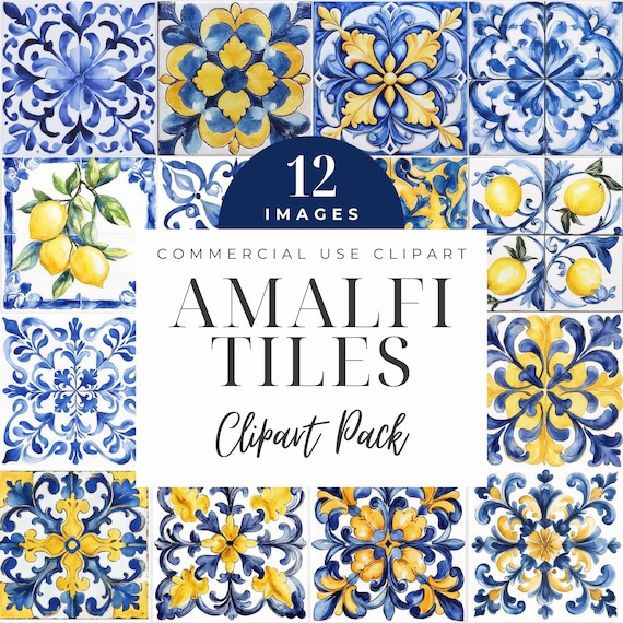 Watercolor Amalfi Tile Clipart: Italian Lemon & Blue Mosaic (Digital Download, Transparent PNGs, Commercial Use)