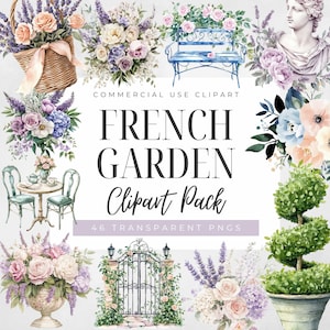 Clipart de jardim francês, download digital, uso comercial, clipart cottagecore, flores vintage em aquarela, clipart de topiaria, rosas francesas