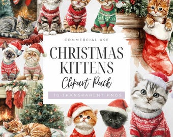 Christmas Kittens Clipart: Watercolor Cats in Holiday Sweaters (Digital Download, PNG, Commercial Use Allowed)
