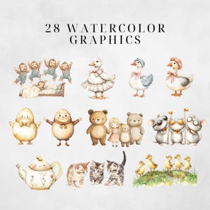 Watercolor Nursery Rhymes Clipart - Fairytale Art - Children's Storybook Illustrations - Nursery Decor, five little monkeys, goldilocks, three blind mice, humpty dumpty