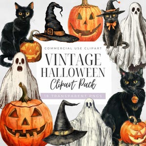 May include: A selection of vintage Halloween clipart, including black cats, carved pumpkins, witch hats, and ghosts. The pack contains 16 transparent PNGs. The image text reads "Vintage Halloween Clipart Pack".