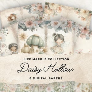 Digitala papper med Daisy Hollow, trädgårdsbakgrunder med älvhus, nyckfull magisk stuga, fantasy-klippbokspapper, utskrivbart hantverk JJ005