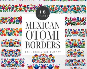 Otomi Floral Clipart Borders, Colorful Mexican Fiesta Design, Cinco De Mayo Party Artwork, Mexican Embroidery,  Bright Flowers Clip Art