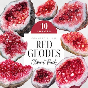 Grafika wektorowa z czerwoną geodą, grafika wektorowa z kryształami, akwarelowe kamienie szlachetne, kamienie lecznicze, agat, kwarc, rubin, kryształ granatu, użytek komercyjny PNG