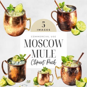 May include: Watercolour illustration of Moscow Mule cocktails in copper mugs, garnished with lime and mint. The image includes the text "Moscow Mule Clipart Pack" and "5 Images". The mugs are filled with ice and a straw.