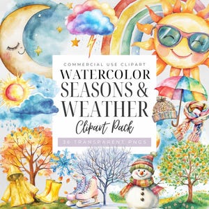 Watercolor Weather Clipart, Four Seasons Trees Clipart, Clipart for Calendar, Lightning Bolt, Boho Rainbow, Cute Sun & Moon,Transparent PNGs