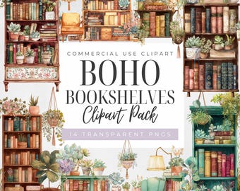 May include: A watercolour clipart pack showcasing boho bookshelves adorned with books and plants. The image includes the text "BOHO BOOKSHELVES Clipart Pack" and "14 Transparent PNGs". The bookshelves are in shades of brown, green, and teal, evoking a bohemian aesthetic.
