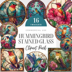 Hummingbird Stained Glass Clipart, Watercolor Bird PNG, Floral Vintage Art, Colorful Window Design, Sublimation, Scrapbook, Commercial Use