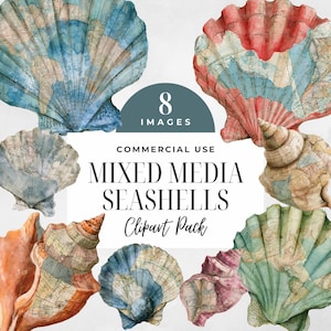 May include: A digital collection of eight seashell illustrations featuring vintage map patterns in shades of blue, red, orange, and green. The central text reads 8 IMAGES, COMMERCIAL USE, MIXED MEDIA SEASHELLS, and Clipart Pack.