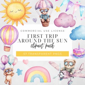 Erste Reise um die Sonne Clipart, 1. Geburtstag, Teddybär, Baby Party, Aquarell transparente PNGs, kommerzielle Nutzung, digitaler Download